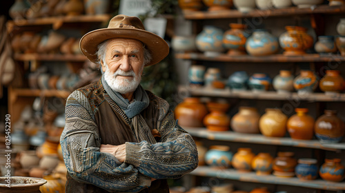 A man with a long white beard and a straw hat stands in a pottery shop, surrounded by shelves of handmade pottery.