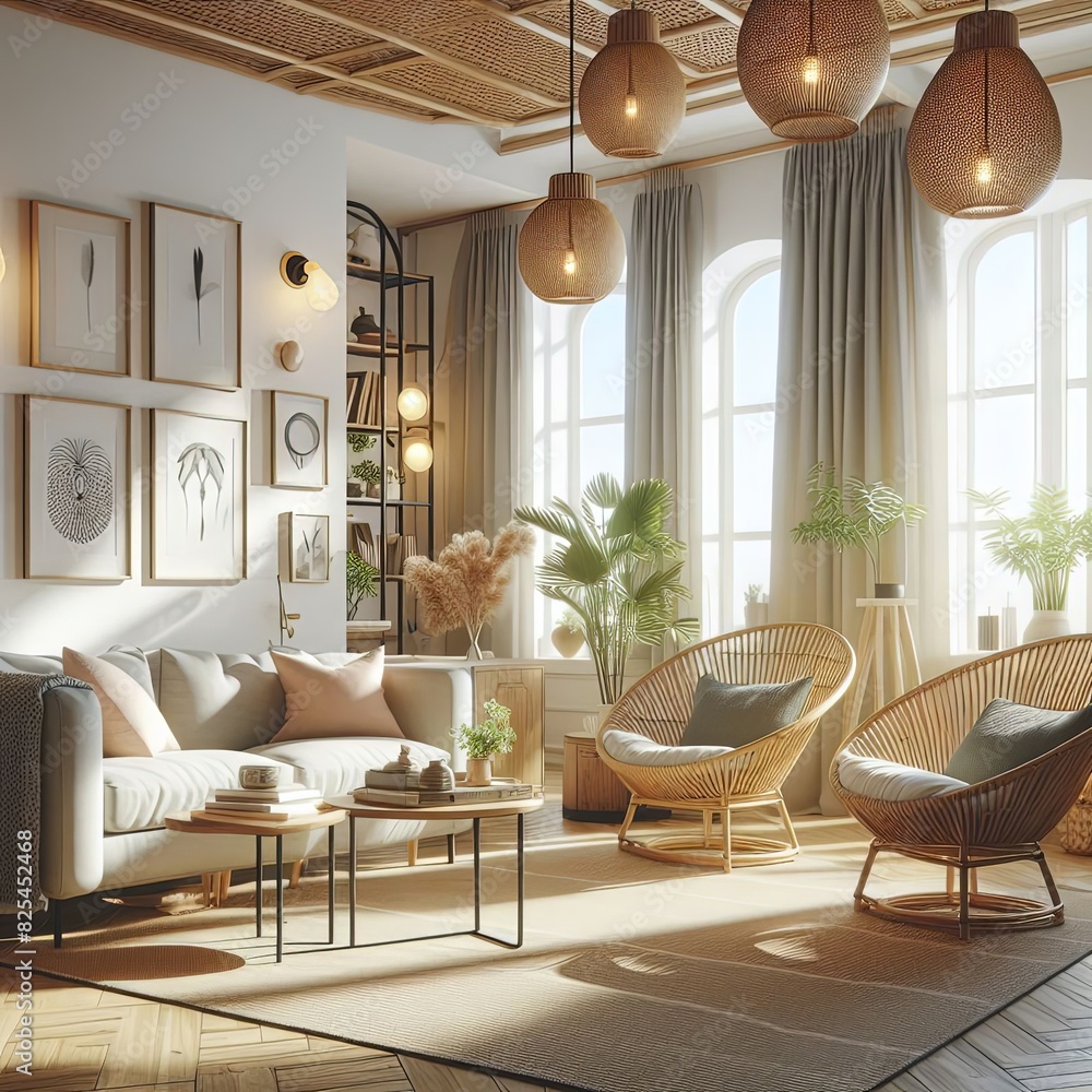 Fototapeta premium Scandinavian living room with rattan chairs with morning ambient lighting, realistic 3D
