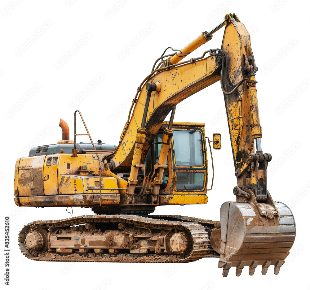 Yellow excavator on work site with dirt and mud, cut out - stock png. Yellow excavator on work site with dirt and mud, cut out - stock png.