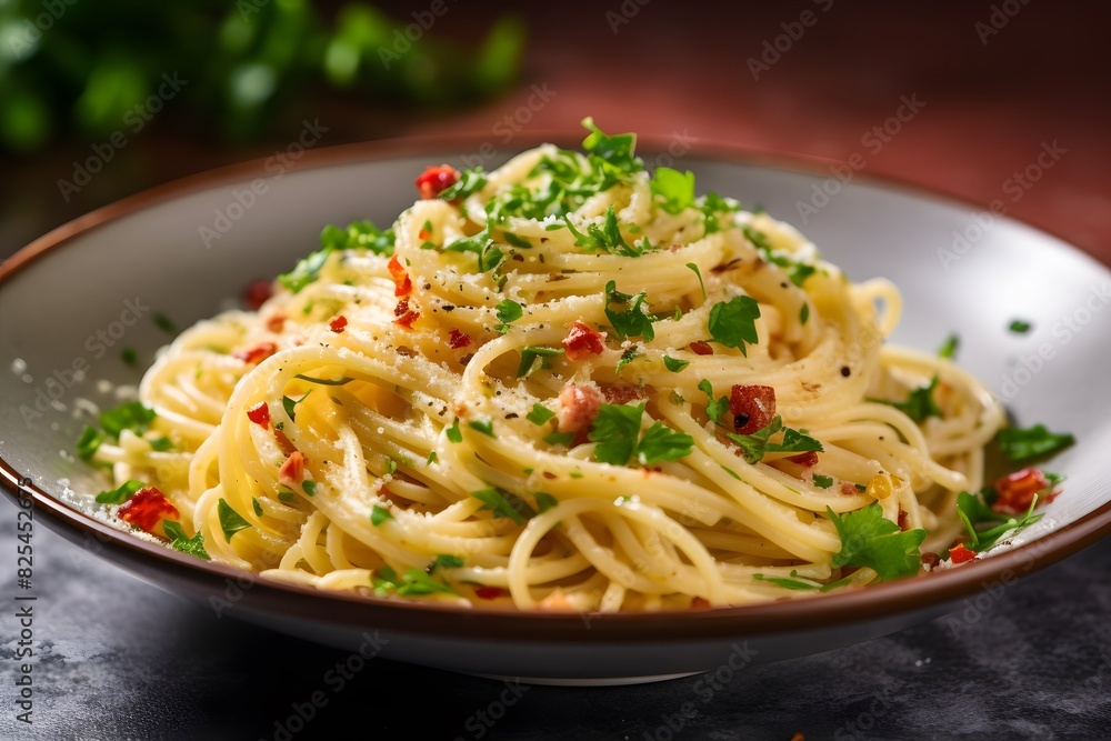 Classic Italian pasta dish with spaghetti, pancetta, and fresh herbs. Classic Italian pasta dish with spaghetti, pancetta, and fresh herbs.