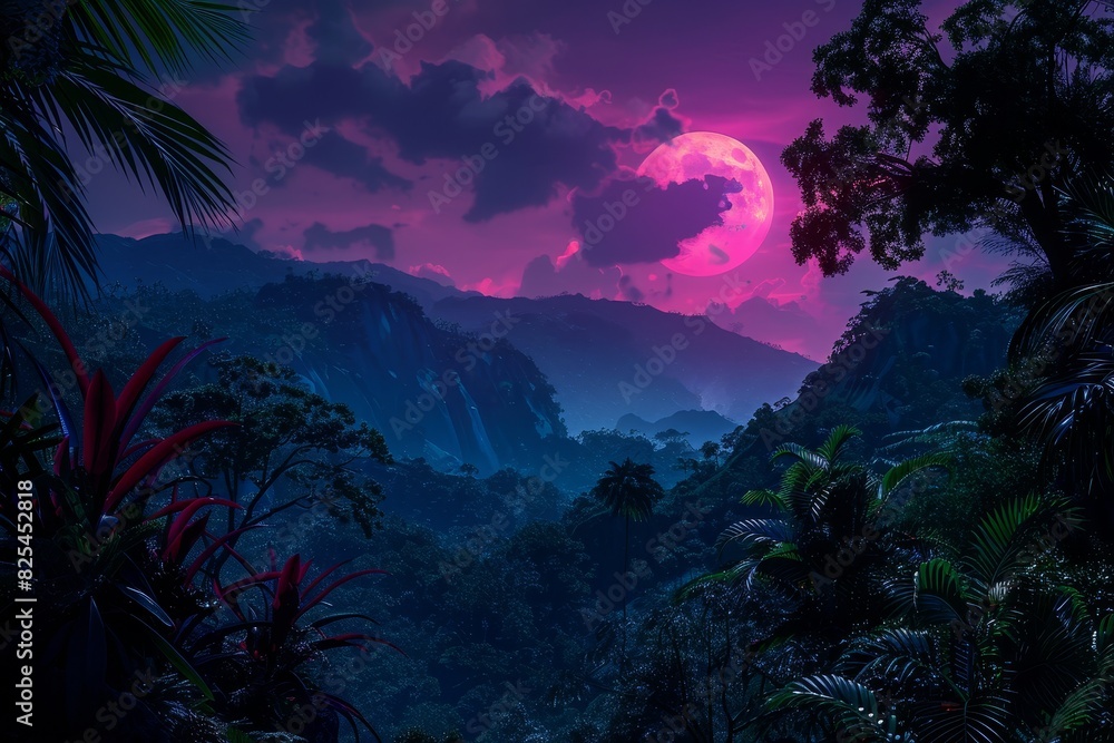 custom made wallpaper toronto digitalNeon Moonrise Over Tropical Mountains with Palm Trees at Dusk