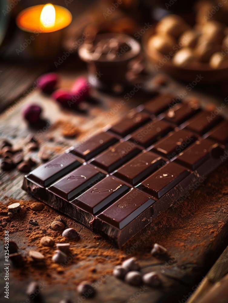 Dark Chocolate Bar on Wooden Table Dark Chocolate Bar on Wooden Table