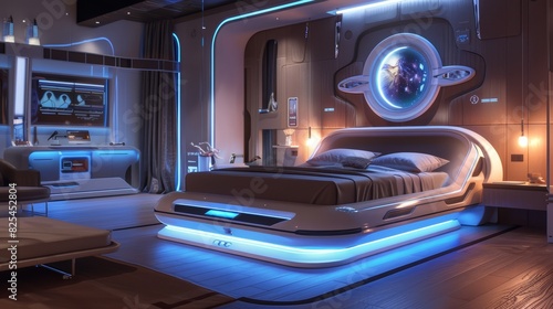 futuristic bedroom with a levitating bed, Futuristic modern Bedroom interior for modern home and hotel bedroom © ADH_Art