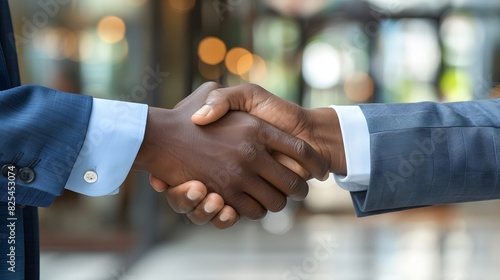 Two men shaking hands in a business setting. Concept of professionalism and trust between the two individuals photo