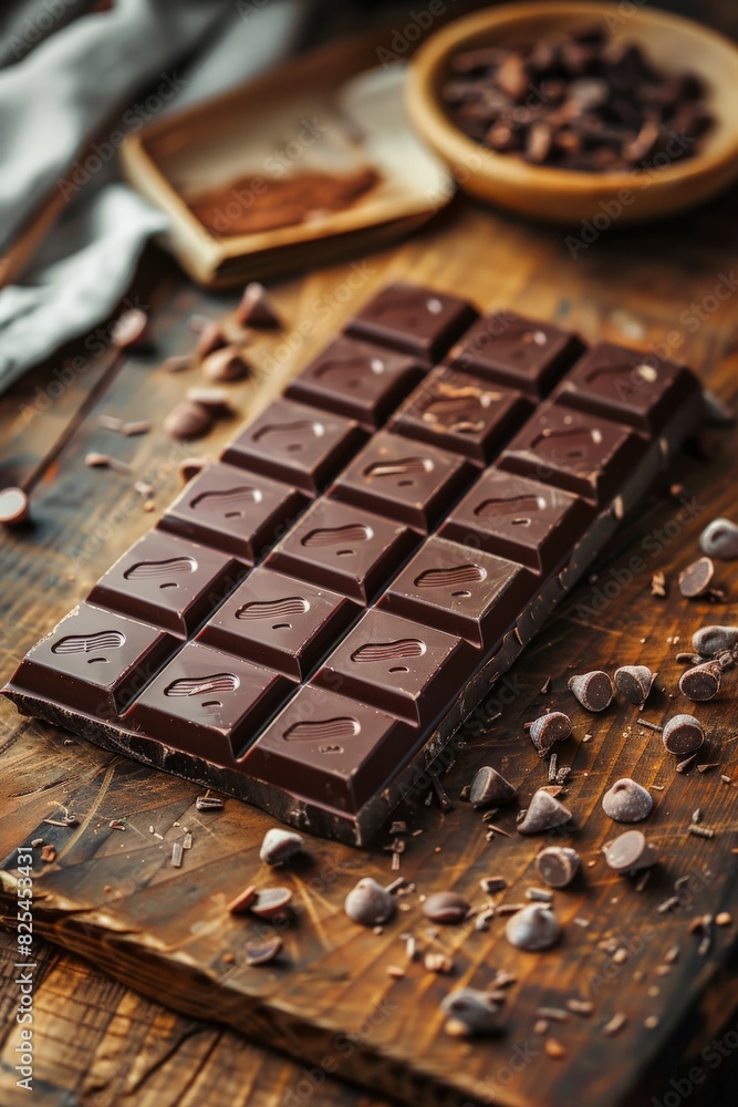 Dark Chocolate Bar on Wooden Cutting Board Dark Chocolate Bar on Wooden Cutting Board