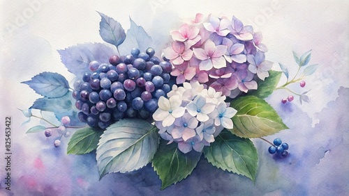Watercolor, Still life. Bouquet of roses and hydrangeas and blue and pink. blueberries and blackberries on a beautiful blurred background. Floral background. Shades of pink and blue