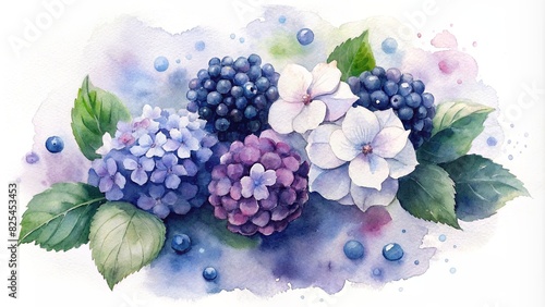 Watercolor, Still life. Bouquet of roses and hydrangeas and blue and pink. blueberries and blackberries on a beautiful blurred background. Floral background. Shades of pink and blue