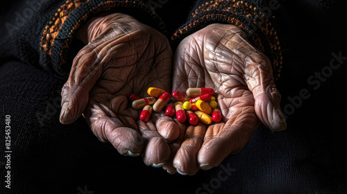 A person holding a handful of pills in their hands, showing a variety of medication