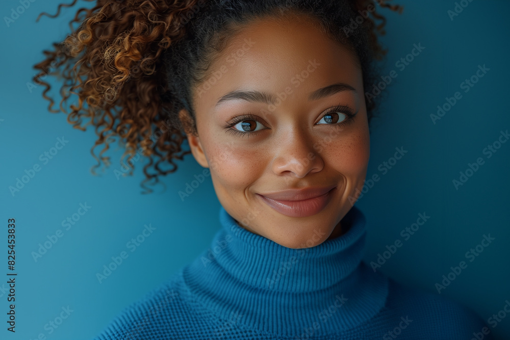 Portrait of a smiling woman in a blue turtleneck sweater against a blue background. Portrait of a smiling woman in a blue turtleneck sweater against a blue background.