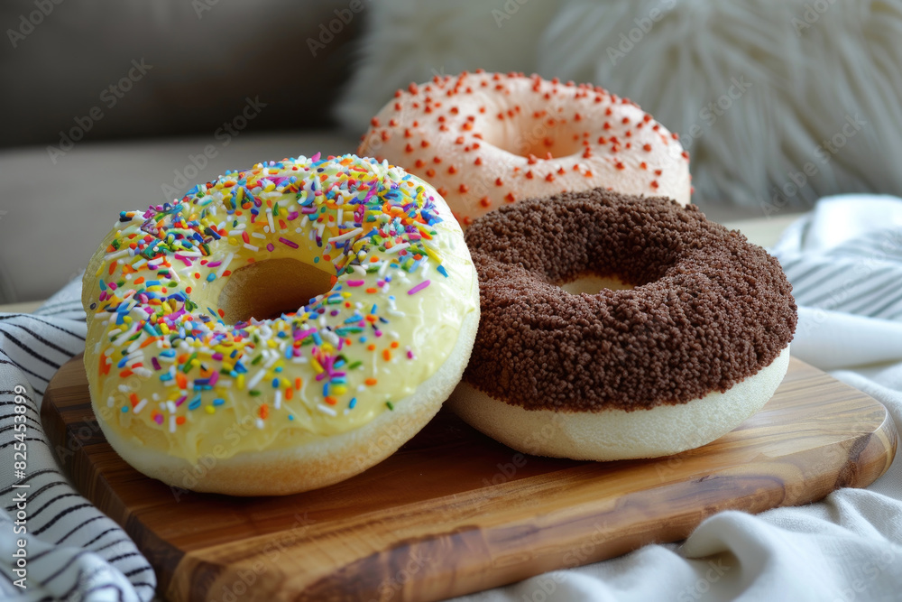 Three colorful donuts are displayed on a wooden cutting board, covered in sprinkles Three colorful donuts are displayed on a wooden cutting board, covered in sprinkles