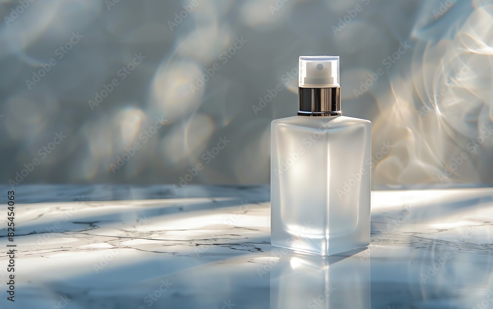 Clear glass bottle with a spray nozzle, on a marble surface with sunbeams. Clear glass bottle with a spray nozzle, on a marble surface with sunbeams.