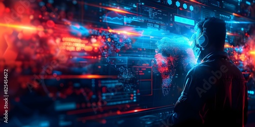Analyzing data on glowing computer screens in shadowy cyber world: Cyber attacker. Concept Cybersecurity, Malware Detection, Data Breach Prevention, Hacker Identification, Network Security