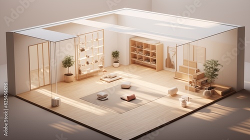 Isometric Vector of Muji House Yoga Studio with Skylights A yoga studio in a Muji house, featuring minimalist design, natural materials, and skylights that flood the space with light, creating an idea photo