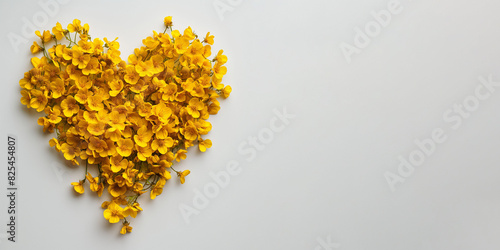Banner with yellow heart shaped arrangement of bright yellow flowers on a white background. The cheerful and vibrant yellow petals create a lively, perfect for themes of love, nature, and positivity. © Silga