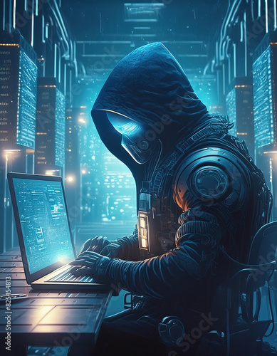 An unidentified Criminal in hood hacking electronic banking system on cyberspace background photo
