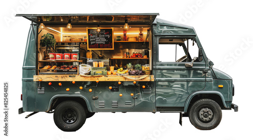 Fototapeta Naklejka Na Ścianę i Meble -  Fully equipped food truck at night with open service window, cut out - stock png.