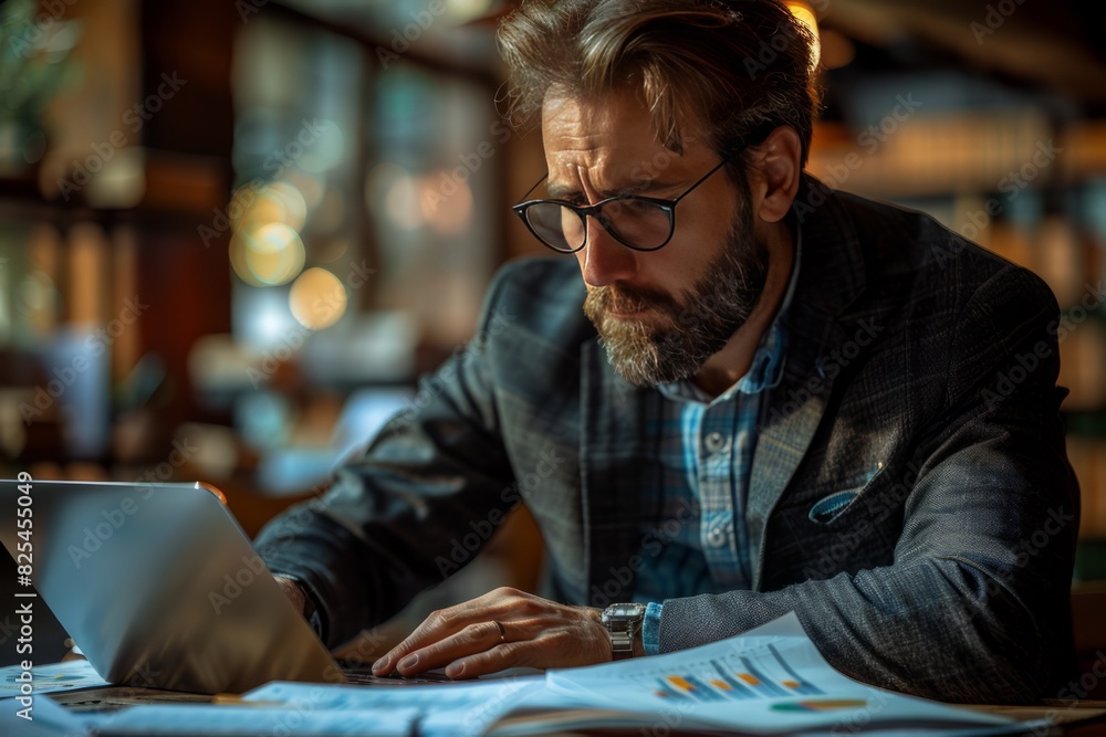 Bearded man with glasses working on a laptop in a cozy office with charts and documents Bearded man with glasses working on a laptop in a cozy office with charts and documents