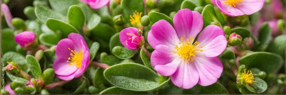Pink purslane flower in pale green leaves. The banner.