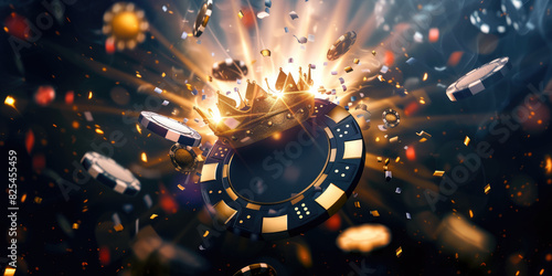 Explosive burst of casino chips and game elements in a dynamic, high-energy scene.