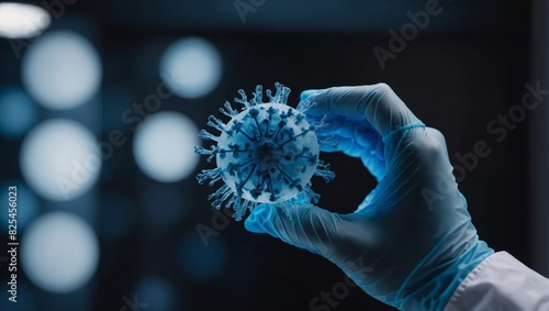 Doctor holds coronavirus mock-up in the hand with blue gloves. Doctors work in hospitals and coronavirus test in laboratory concept. Covid-19 vaccine.