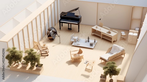 Isometric Vector of Muji House Music Room with Skylights A music room in a Muji house, featuring minimalist design, natural acoustics, and skylights that enhance the ambiance with natural light.