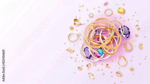 Pile of shiny gold jewelry, scattered, soft lighting, top-down shot, white background.   isolated on soft plain pastel solid background photo