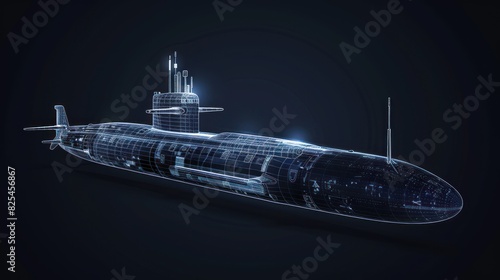 A submarine is shown in a black background with a blue and silver color scheme