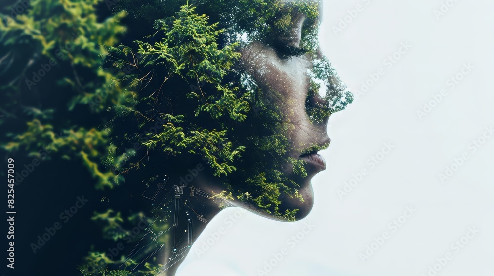 Double exposure image depicting the synergy between technology and nature