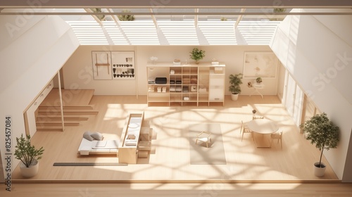 Isometric Vector of Muji House Yoga Studio with Skylights A yoga studio in a Muji house  featuring minimalist design  natural materials  and skylights that flood the space with light  creating an idea