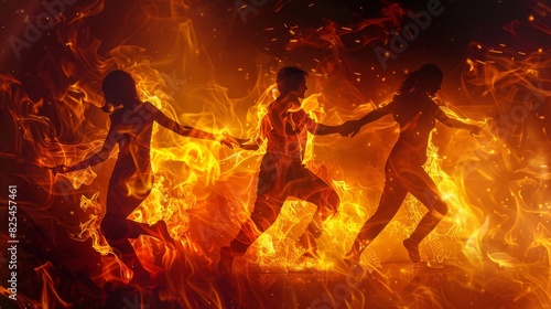 Double exposure of energetic dancers with fiery flames