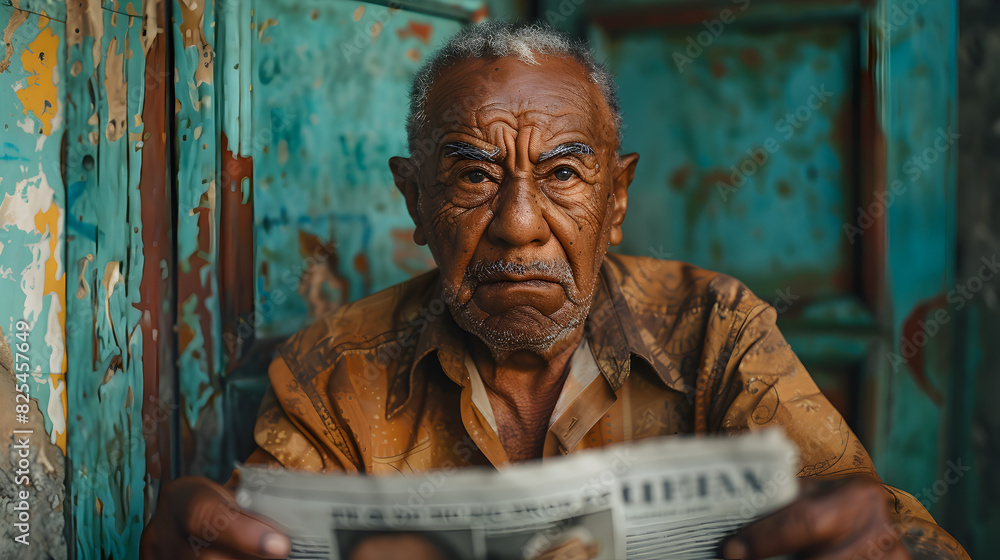 Naklejka premium A close-up portrait of an elderly man reading a newspaper, shot in a dimly lit setting, with a focus on his wrinkled face and kind eyes, capturing a sense of wisdom, experience, and quiet contemplat
