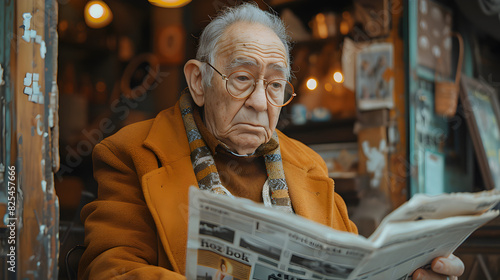 Elderly Man Reading Newspaper in a Cozy Cafe