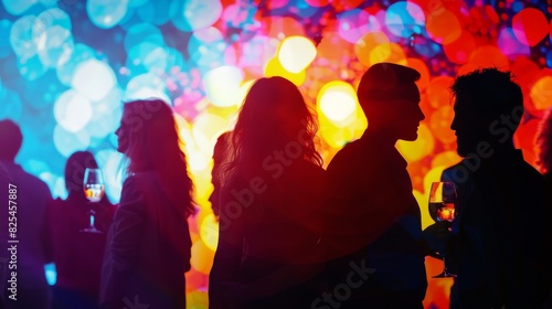 Silhouette of partygoers against colorful backdrop
