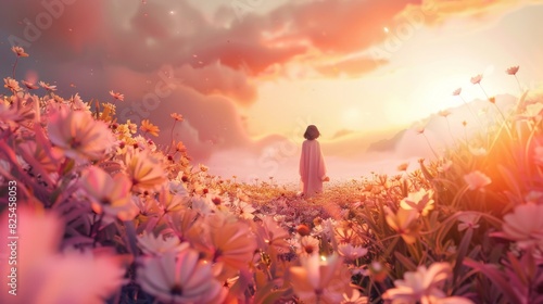 A woman stands in a field of flowers, with the sun shining brightly on her