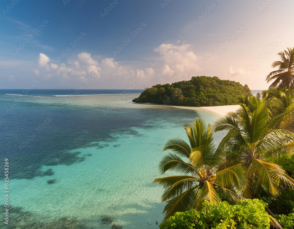 A picturesque view of a sandy beach on a tropical island.