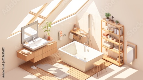 Isometric Vector of Muji House Bathroom with Skylights A minimalist bathroom in a Muji house, featuring a sleek design with natural wood accents, a modern bathtub, and skylights that provide natural i photo