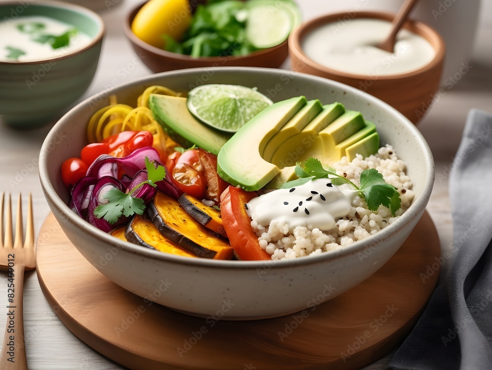Colorful vegan Buddha bowl with fresh vegetables, quinoa, and avocado. Colorful vegan Buddha bowl with fresh vegetables, quinoa, and avocado.