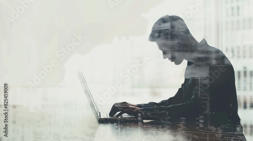 Businessman working with laptop on office desk with double exposure business graphic. Generated AI