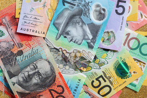 Background of colorful Australian banknotes photo