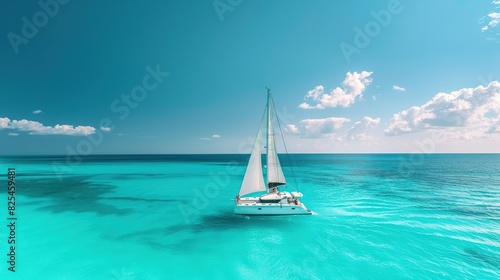 Catamaran in turquoise waters under a blue sky, people enjoying the sea. Copy space.travel and tourism advertising