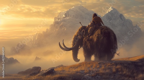 A warrior riding a mammoth in wild prehistoric times. Fantasy and surreal.