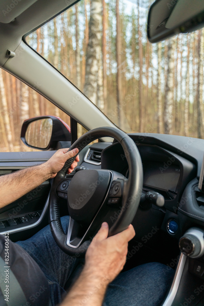 Anonymous Person Driving Car In Forest Anonymous Person Driving Car In Forest