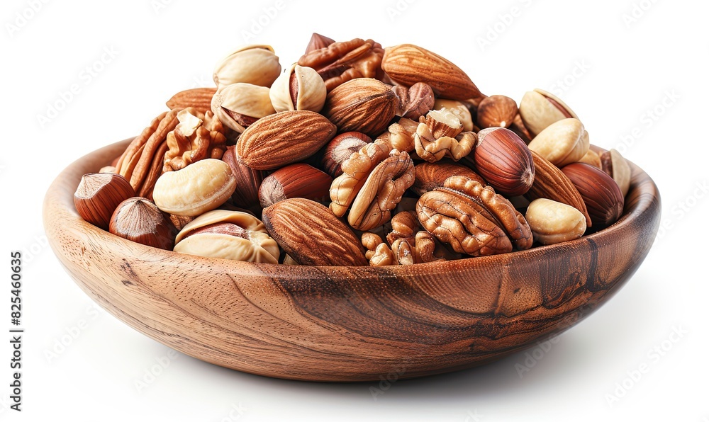 mix of various nuts in wooden bowl over white table mix of various nuts in wooden bowl over white table