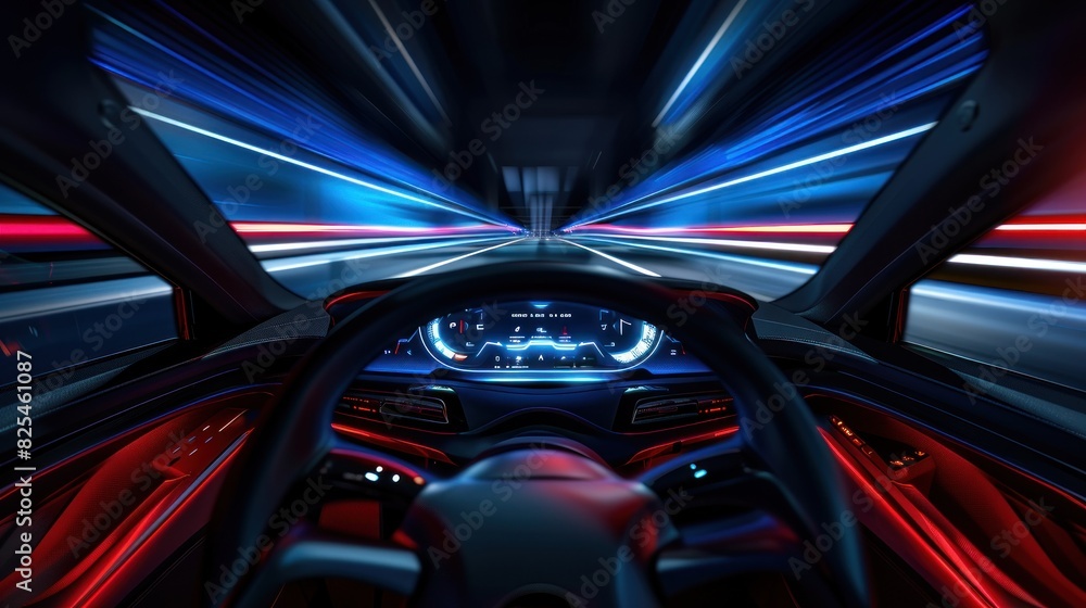 Futuristic cockpit of self-driving vehicle with digital HUD speedometer technology. Generated AI image