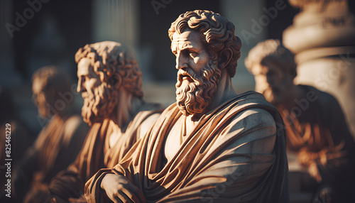 Ancient Greek philosopher statues, philosophy, blurred background
