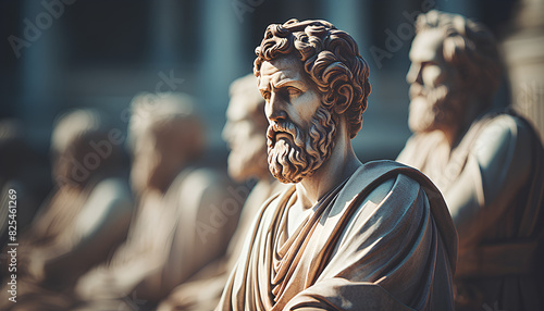 Ancient Greek philosopher statues, philosophy, blurred background
