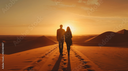 romantic couple waling in the desert at sunset 