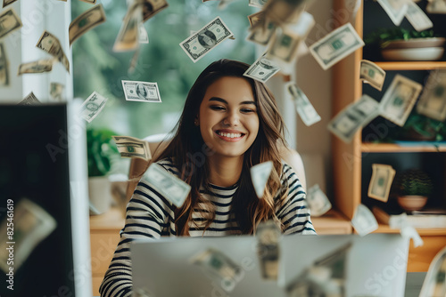 Successful young woman using computer building online business making money dollar bills cash falling down.