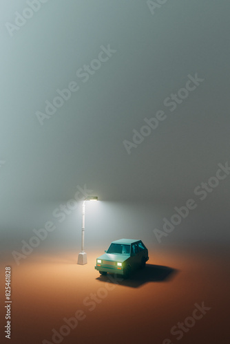 Vintage Car Parked Under a Streetlamp in Foggy Night photo