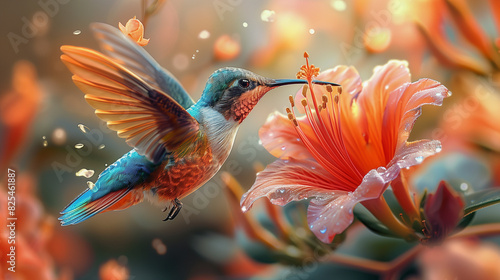 Hummingbird Hovering Near Vibrant Flower